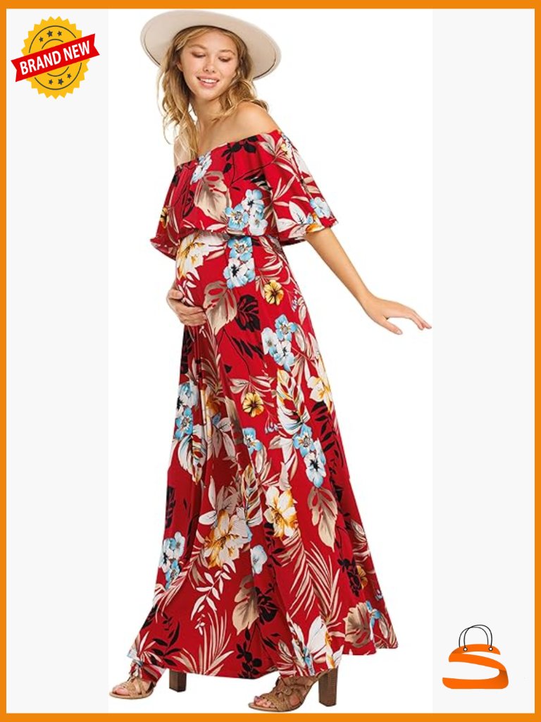 Ruffle Off Shoulder Maxi Maternity Dress Lace 4-Way Stretch M-L
